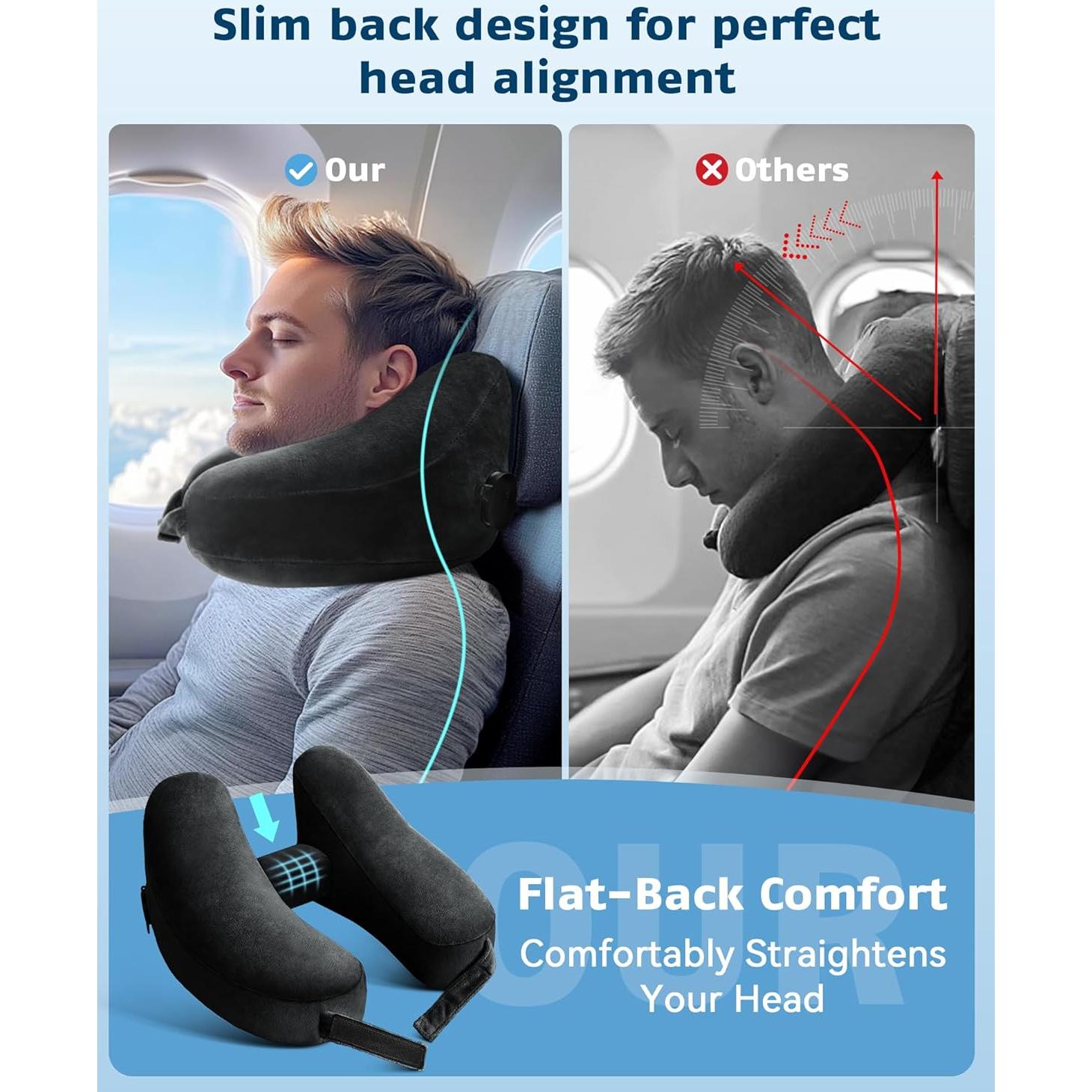 Travel Pillow Inflatable Neck Pillow Airplane Pillow with Velvet Cover Inflatable Pillow for Car/Train/Plane (Black, M)