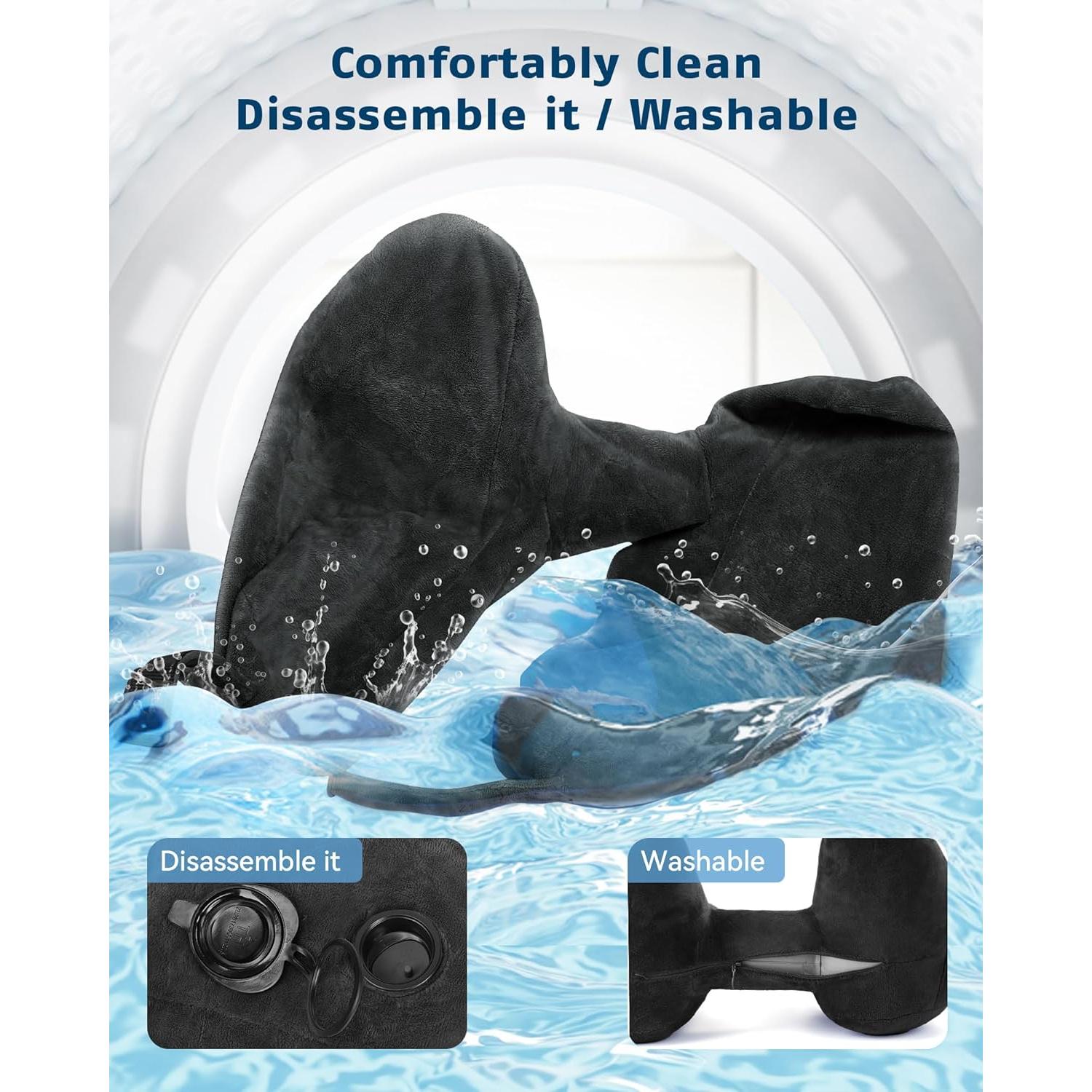 Travel Pillow Inflatable Neck Pillow Airplane Pillow with Velvet Cover Inflatable Pillow for Car/Train/Plane (Black, M)