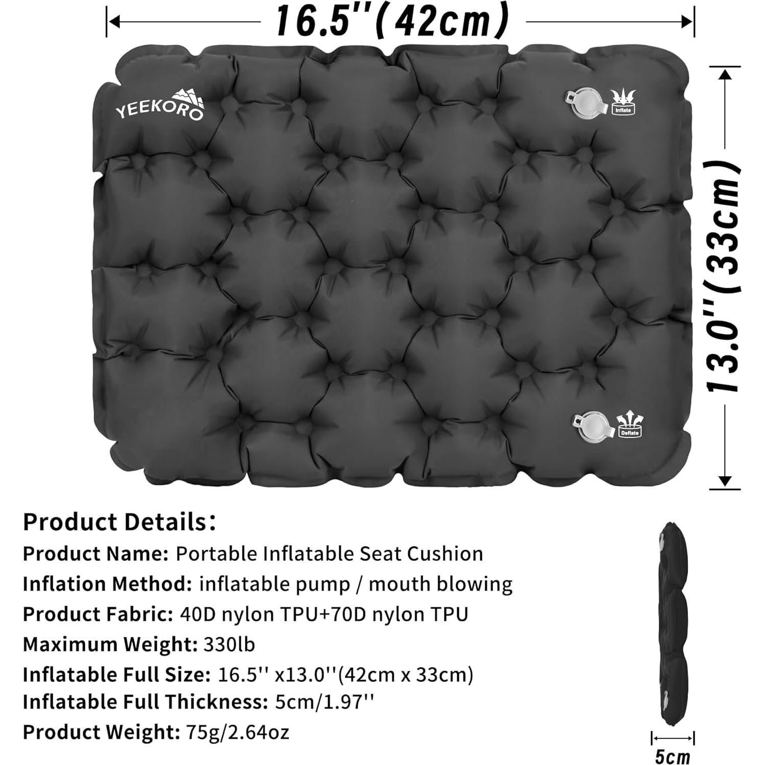 Cojín de Asiento Inflable YEEKORO Negro 42x33cm Impermeable