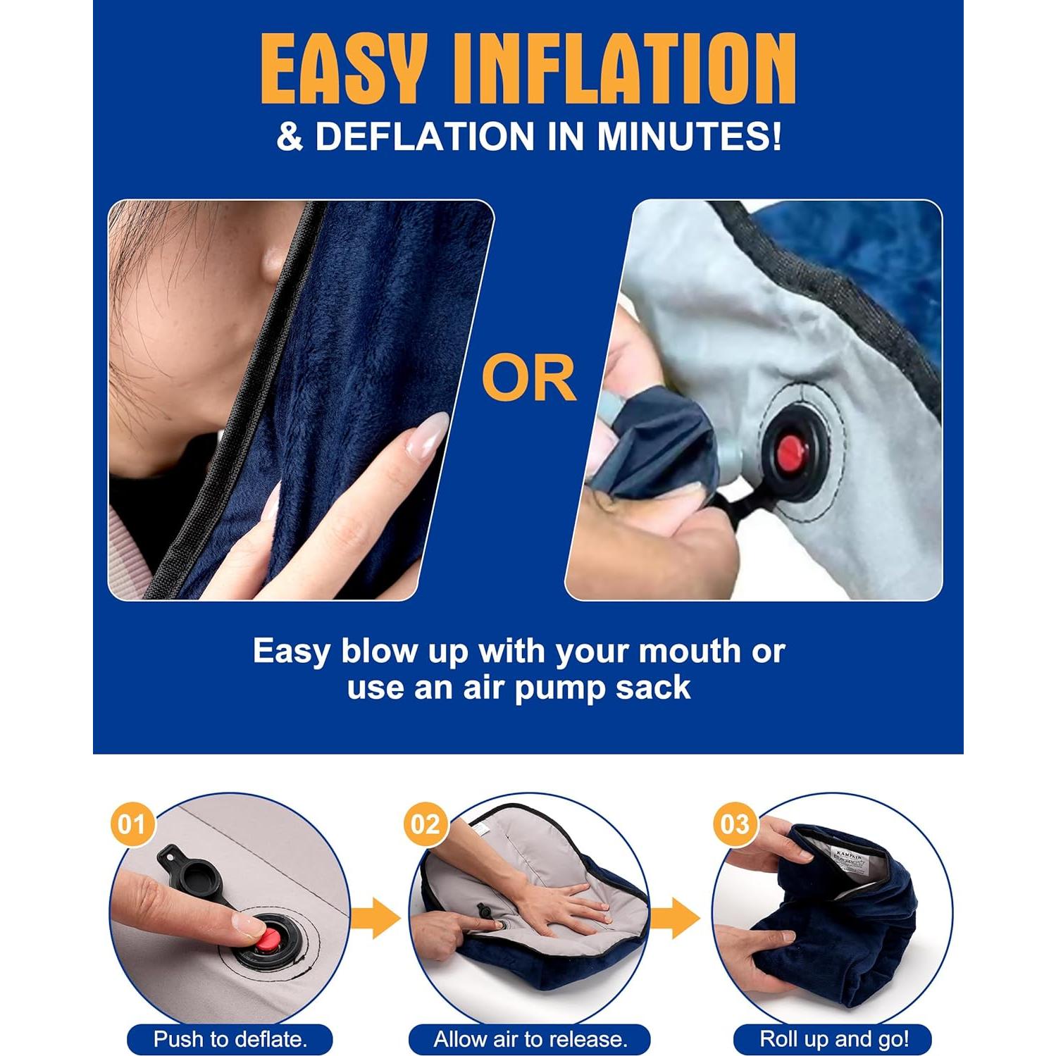 Ultralight Inflatable Camping Pillow for Sleeping – Soft Velvet Cover, Compact & Portable, Ergonomic Neck Support, Machine Washable Air Pillow, Perfect for Travel, Hiking, Backpacking – Blue