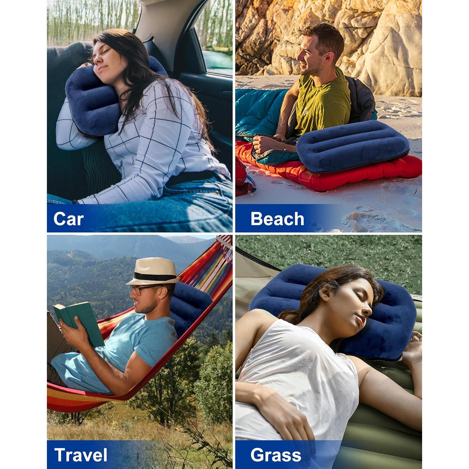 Ultralight Inflatable Camping Pillow for Sleeping – Soft Velvet Cover, Compact & Portable, Ergonomic Neck Support, Machine Washable Air Pillow, Perfect for Travel, Hiking, Backpacking – Blue