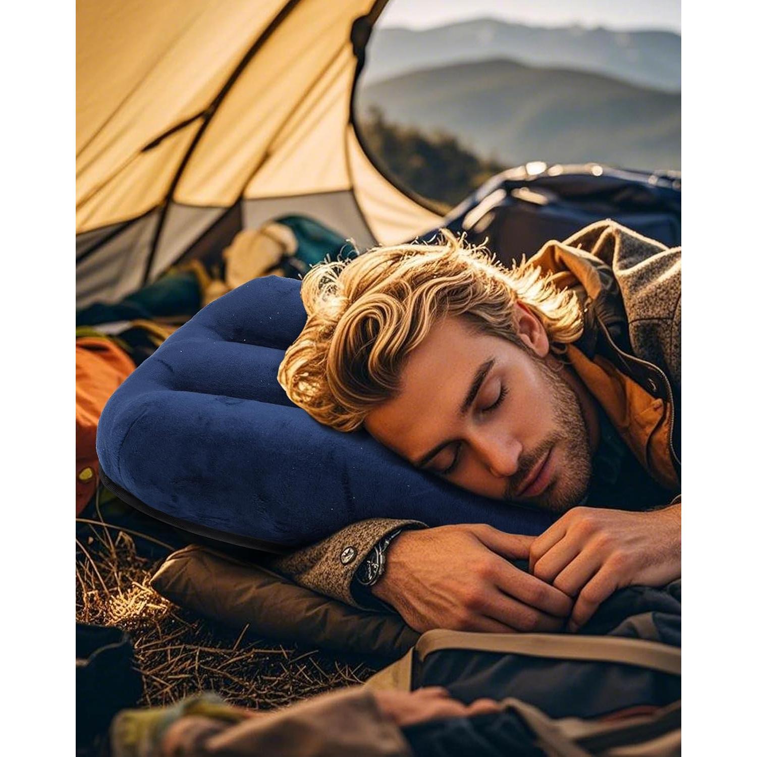 Ultralight Inflatable Camping Pillow for Sleeping – Soft Velvet Cover, Compact & Portable, Ergonomic Neck Support, Machine Washable Air Pillow, Perfect for Travel, Hiking, Backpacking – Blue