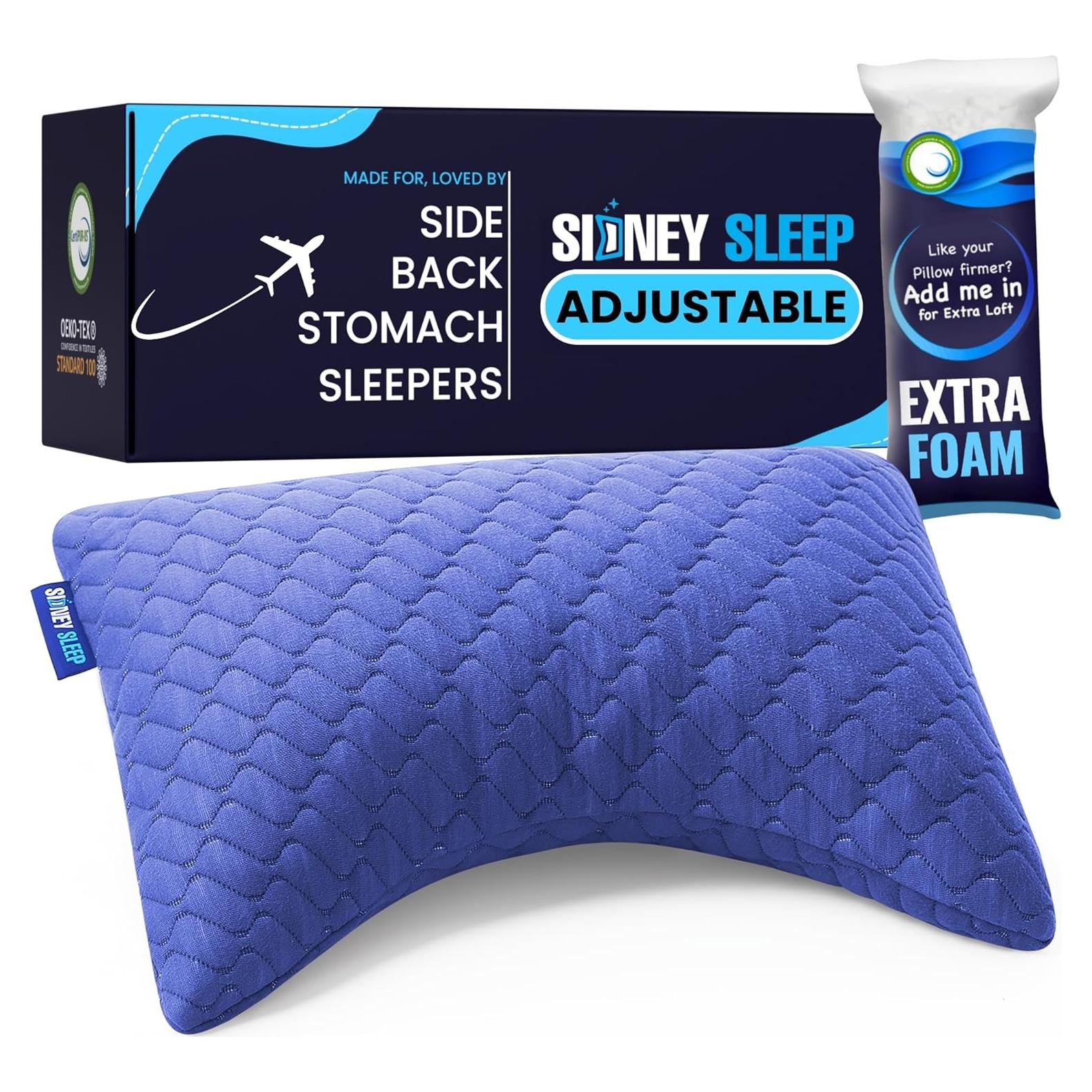 Sidney Sleep Mini Travel Size Neck Pillow - Knee, Back Lumbar and Support - Small Curved Pillow - Adjustable Fill - Washable Case - Drawstring Backpack Included - 14 x 19 Inches (Mini - Blue)