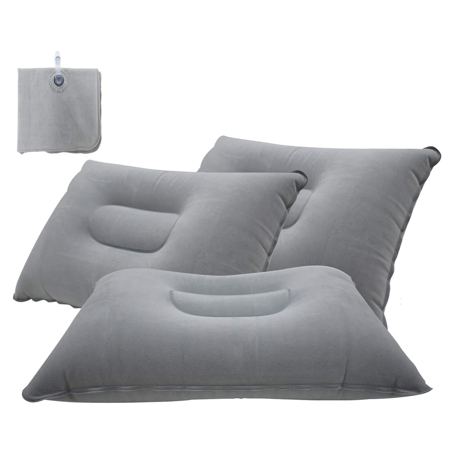 3 Pack Ultralight Inflatable Pillow Small Squared Flocked Fabric Air Pillow for Beach Hiking,Camping,Traveling,Napping,Desk Rest,Neck &Lumbar Support(Grey)