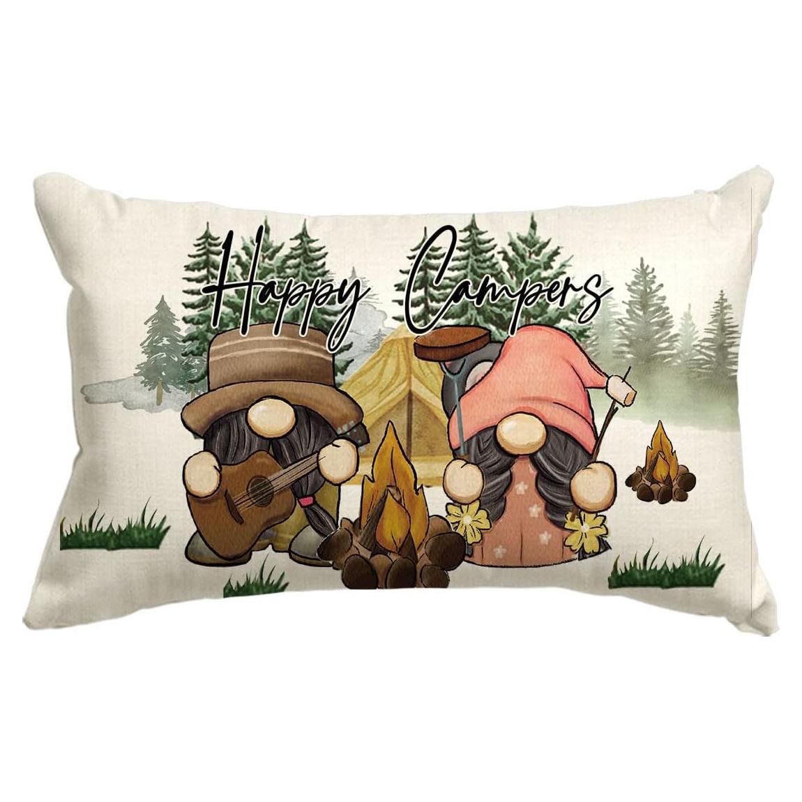 AVOIN colorlife Happy Campers Throw Pillow Cover 12x20 Inch, Gnome Campfire Decoration for Home Sofa Couch