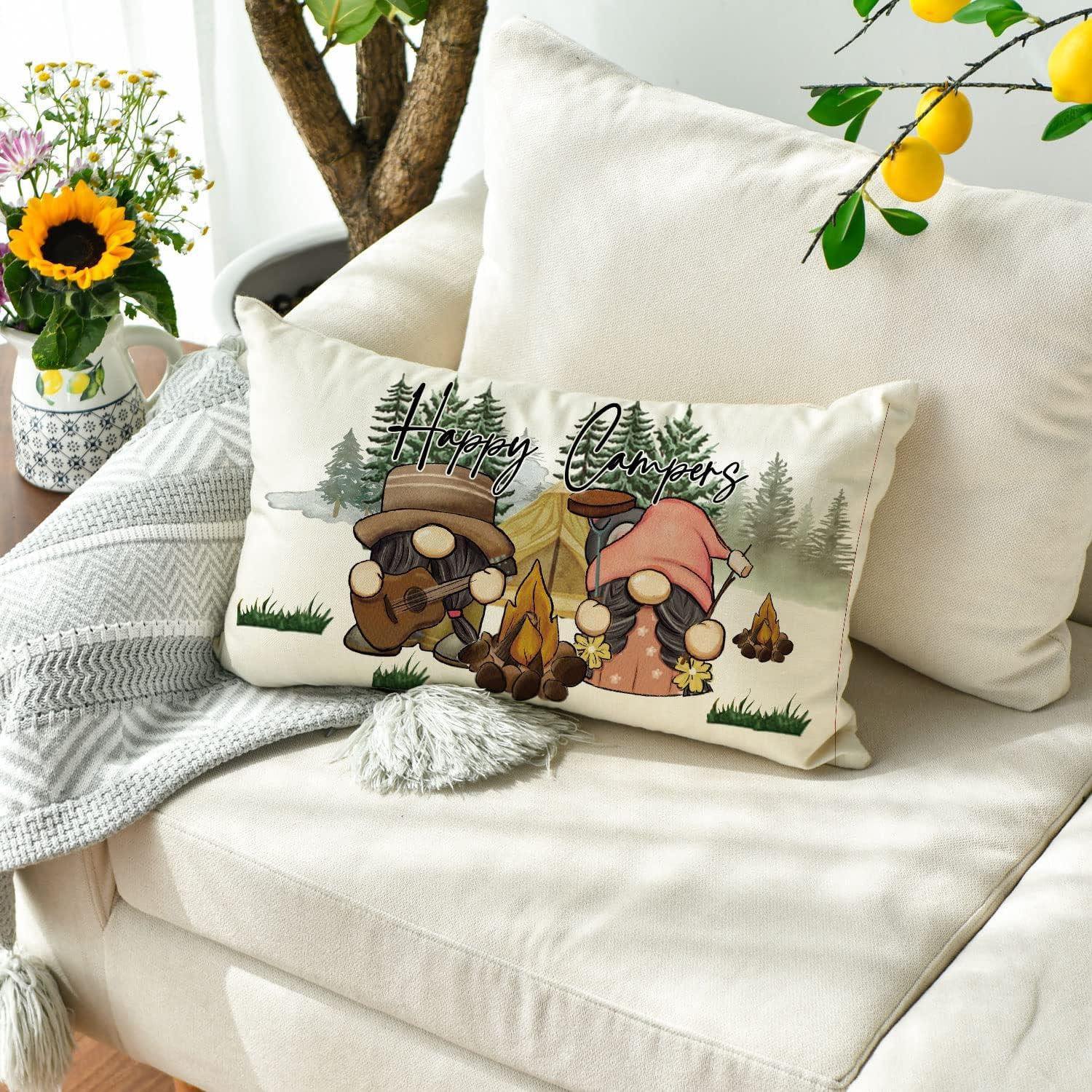 AVOIN colorlife Happy Campers Throw Pillow Cover 12x20 Inch, Gnome Campfire Decoration for Home Sofa Couch