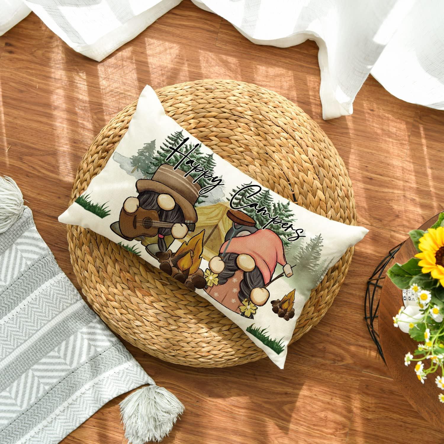 AVOIN colorlife Happy Campers Throw Pillow Cover 12x20 Inch, Gnome Campfire Decoration for Home Sofa Couch