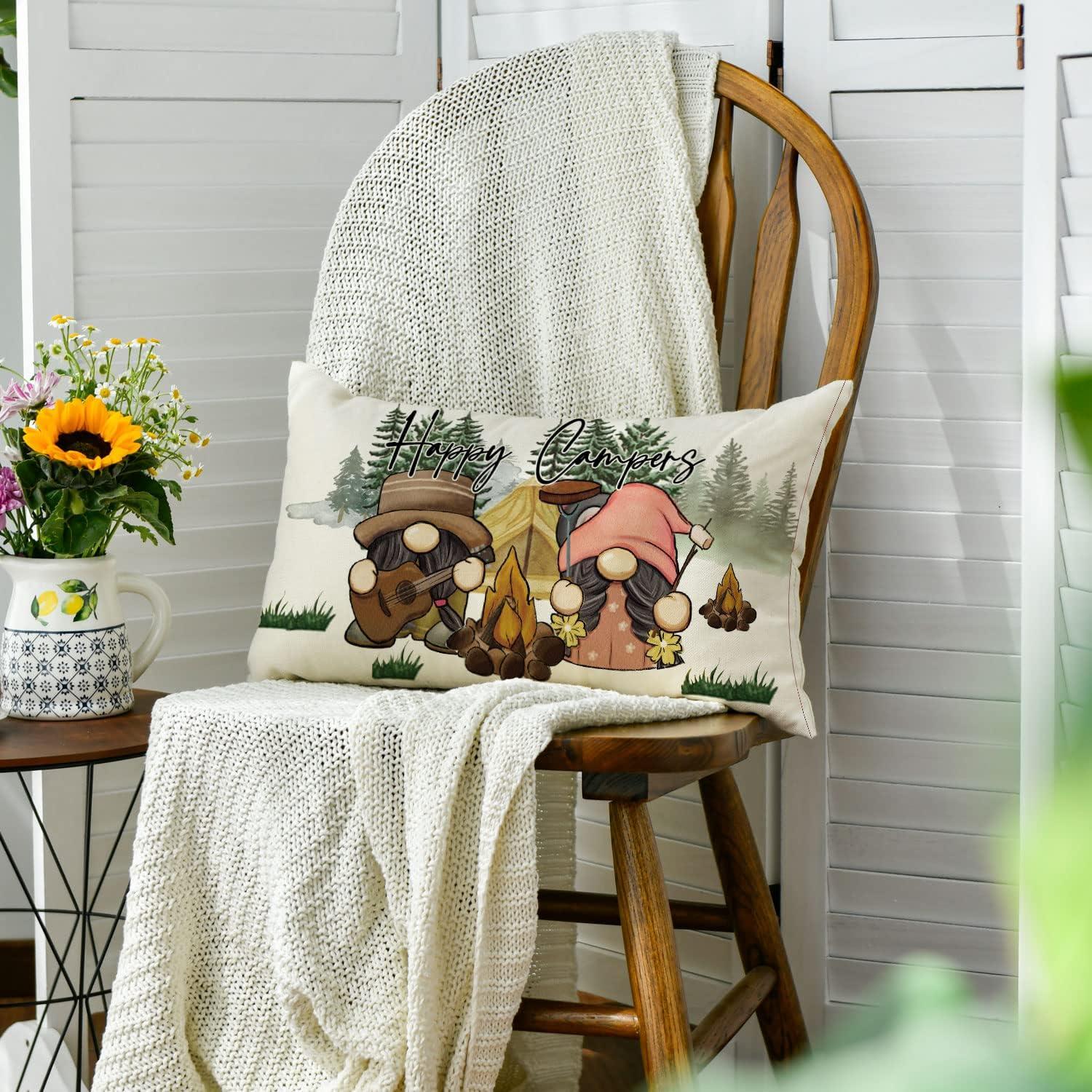 AVOIN colorlife Happy Campers Throw Pillow Cover 12x20 Inch, Gnome Campfire Decoration for Home Sofa Couch