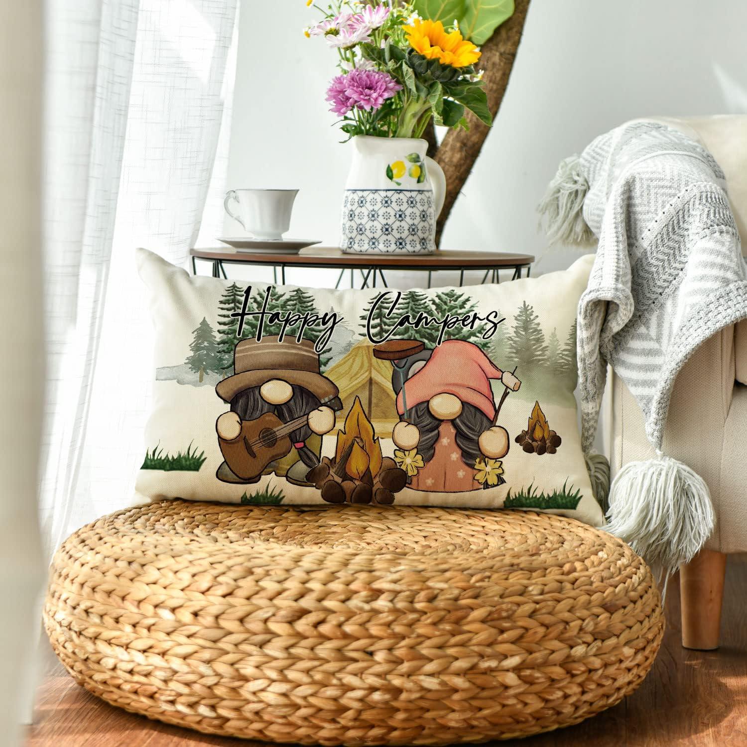 AVOIN colorlife Happy Campers Throw Pillow Cover 12x20 Inch, Gnome Campfire Decoration for Home Sofa Couch