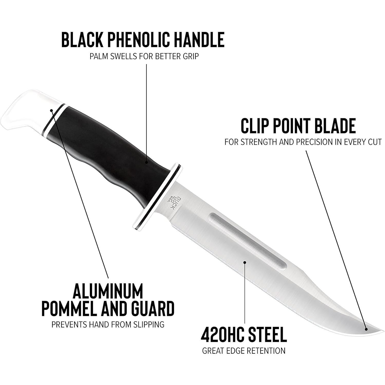 Buck Knives 120 General Hunting Knife, 7-3/8" Fixed Blade, Full Tang Design, Phenolic Handle, 420HC Stainless Steel Clip Point Blade, Sheath Included, Knife Made in the USA, 8.3 oz