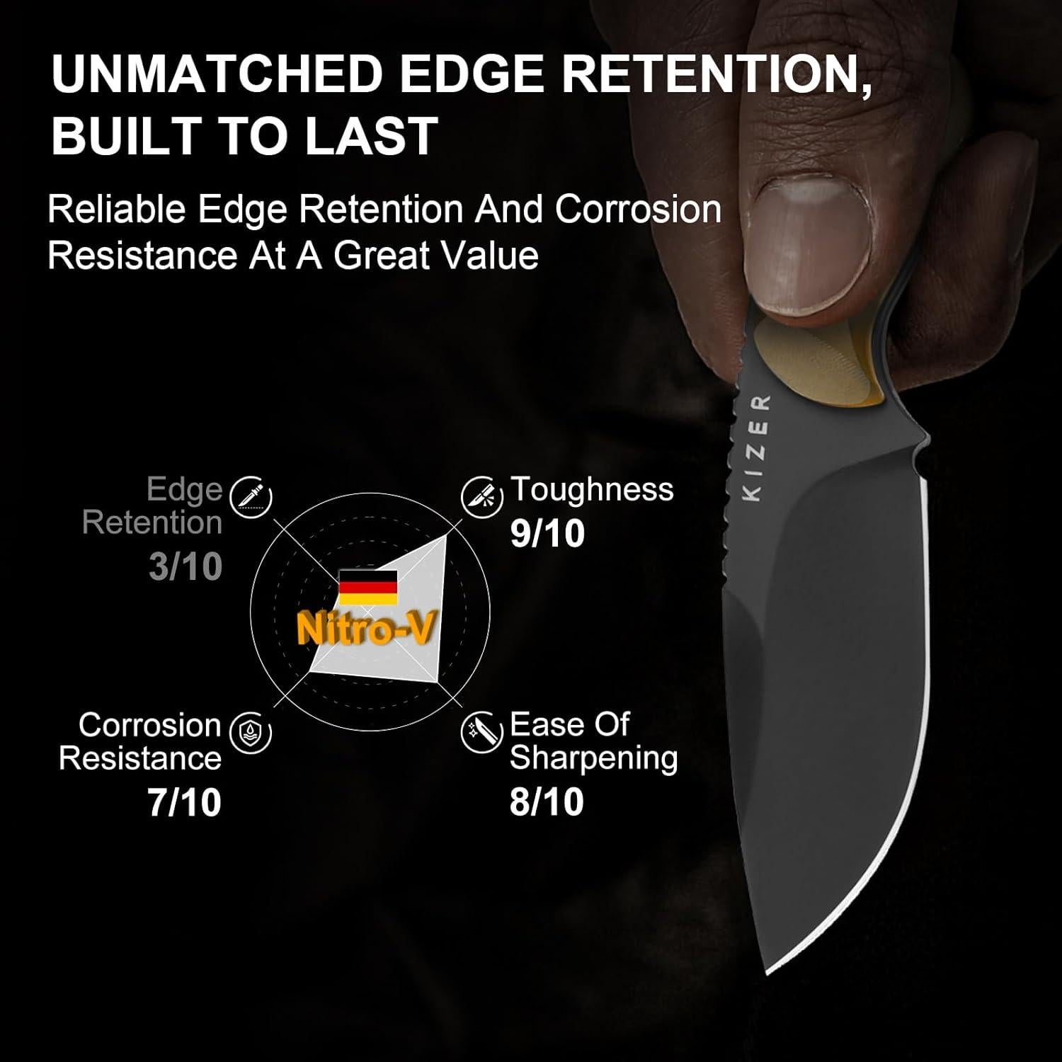 Cuchillo de Hoja Fija Kizer Buddy 7.6cm Nitro-V PEI Amarillo