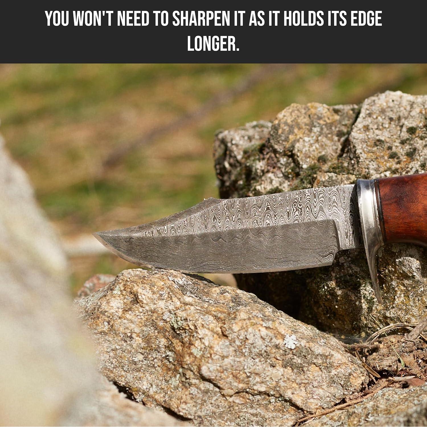 Bear Hunter - Handmade Damascus Steel Fixed Blade Knife 10" - Walnut Wood Handle & Leather Sheath - Bushcraft Outdoor Camping Skinning & Survival EDC Knife - Collector Hunter Gifts for Men