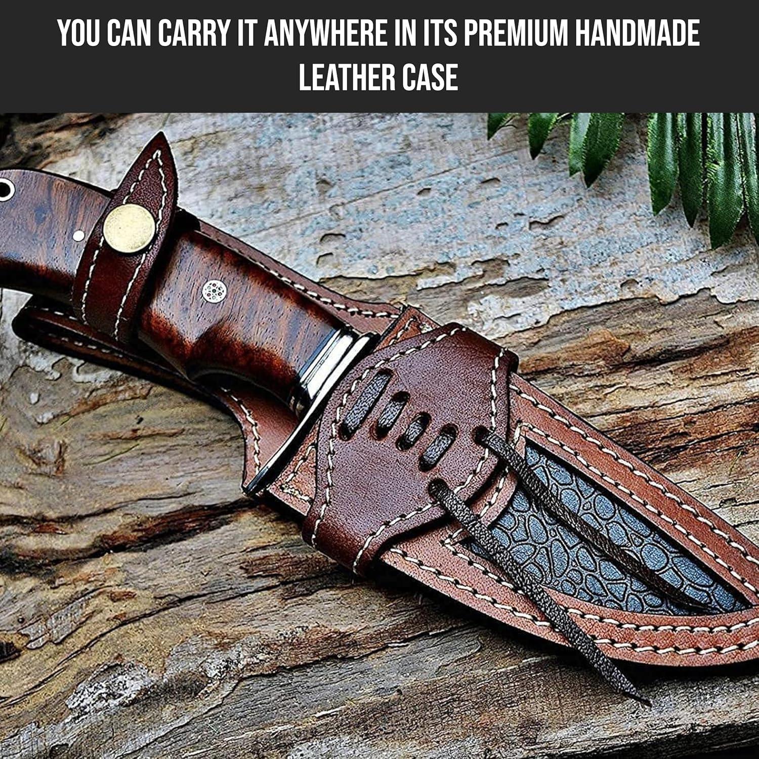 Bear Hunter - Handmade Damascus Steel Fixed Blade Knife 10" - Walnut Wood Handle & Leather Sheath - Bushcraft Outdoor Camping Skinning & Survival EDC Knife - Collector Hunter Gifts for Men