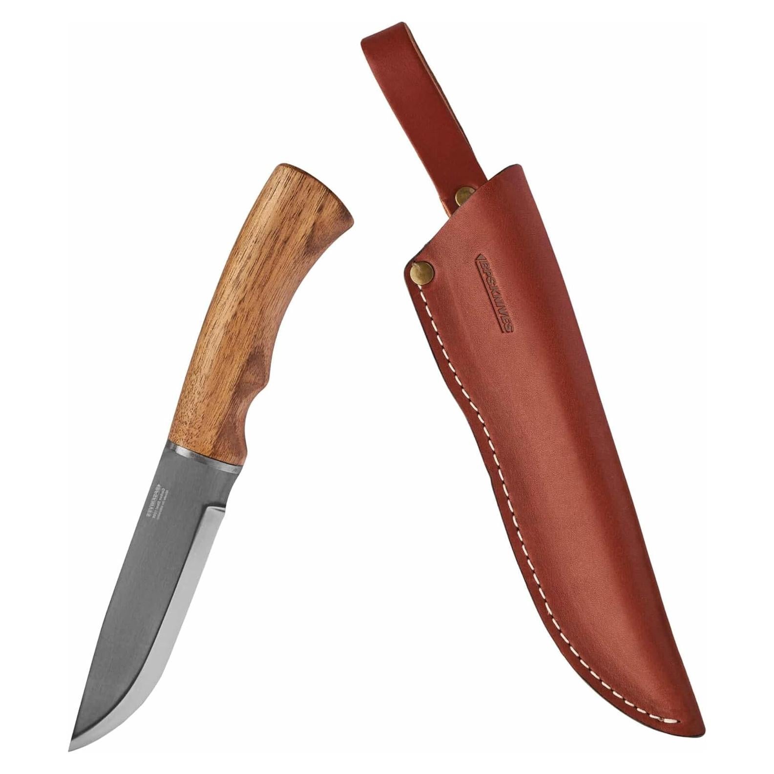 BPSKNIVES BK06 Camp Knife With Leather Sheath - Large Hunting Outdoor Knife Fixed Blade Carbon Steel Camping Knives Scandi Grid Wood Walnut Handle Knives With Sheath