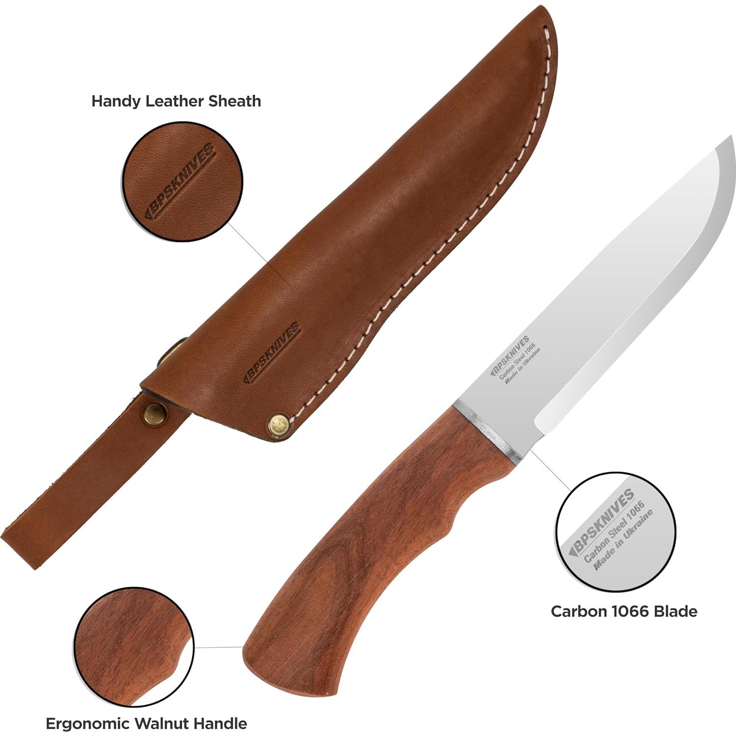 BPSKNIVES BK06 Camp Knife With Leather Sheath - Large Hunting Outdoor Knife Fixed Blade Carbon Steel Camping Knives Scandi Grid Wood Walnut Handle Knives With Sheath