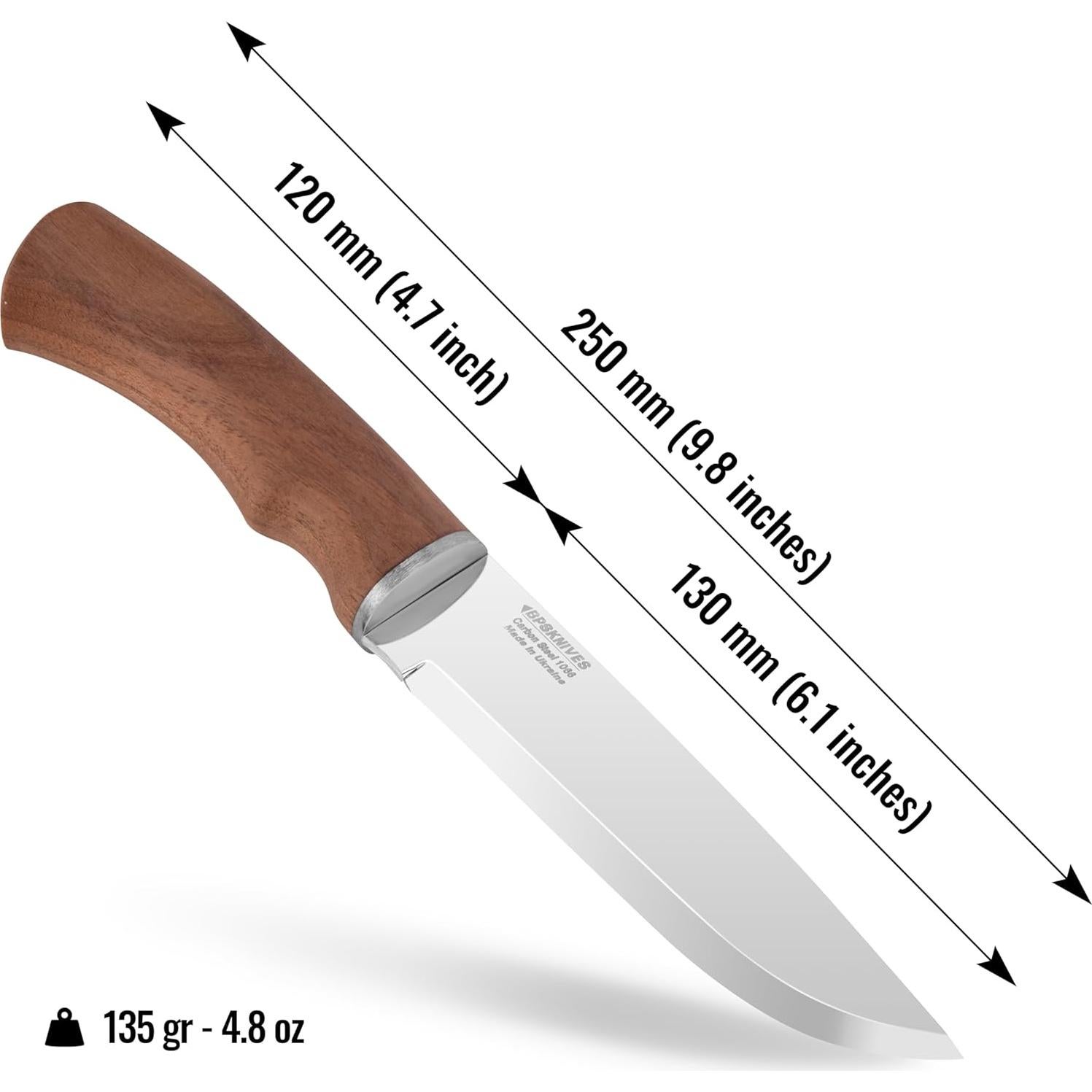 BPSKNIVES BK06 Camp Knife With Leather Sheath - Large Hunting Outdoor Knife Fixed Blade Carbon Steel Camping Knives Scandi Grid Wood Walnut Handle Knives With Sheath