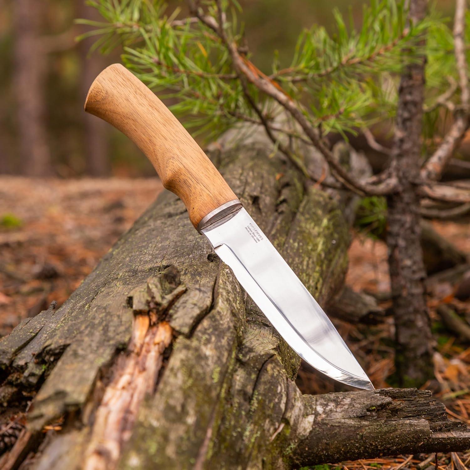 BPSKNIVES BK06 Camp Knife With Leather Sheath - Large Hunting Outdoor Knife Fixed Blade Carbon Steel Camping Knives Scandi Grid Wood Walnut Handle Knives With Sheath