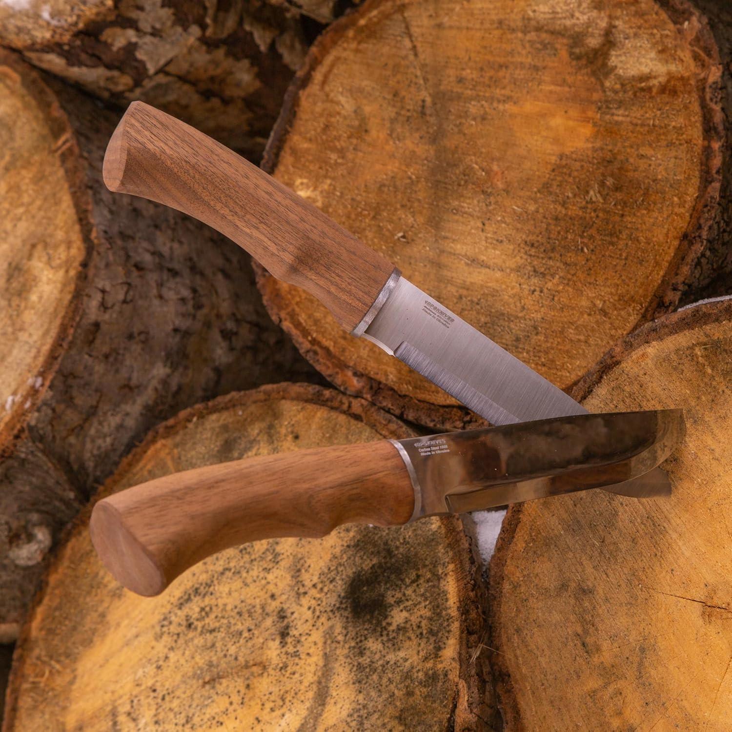 BPSKNIVES BK06 Camp Knife With Leather Sheath - Large Hunting Outdoor Knife Fixed Blade Carbon Steel Camping Knives Scandi Grid Wood Walnut Handle Knives With Sheath