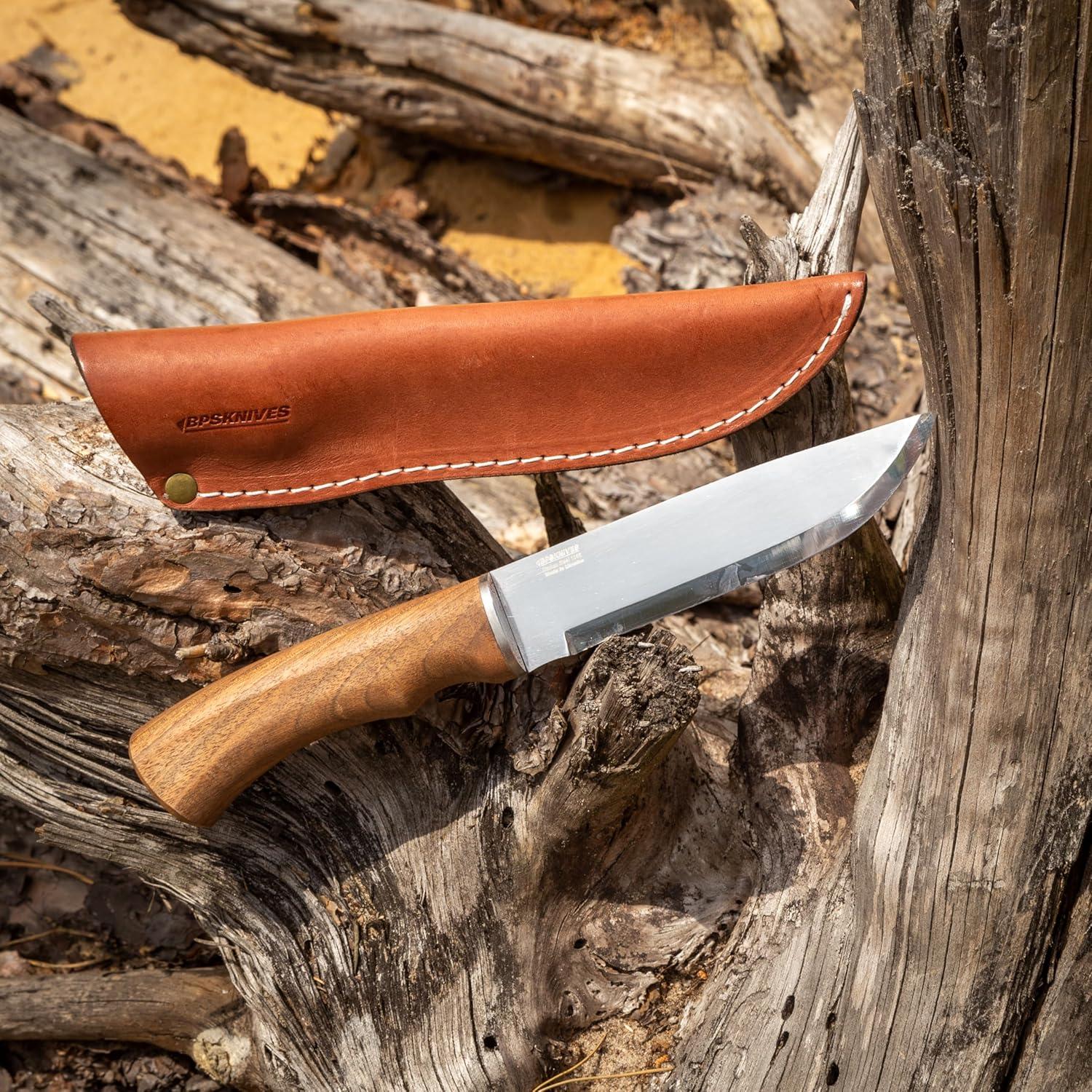 BPSKNIVES BK06 Camp Knife With Leather Sheath - Large Hunting Outdoor Knife Fixed Blade Carbon Steel Camping Knives Scandi Grid Wood Walnut Handle Knives With Sheath