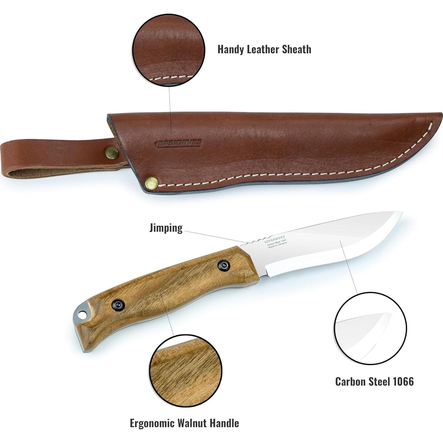 Cuchillo de Caza BPS HK1S de Acero Carbono con Funda de Cuero