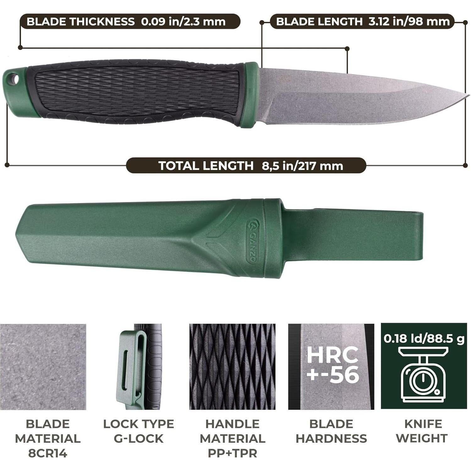 Cuchillo de Hoja Fija Ganzo G806-GB Acero Inoxidable Verde