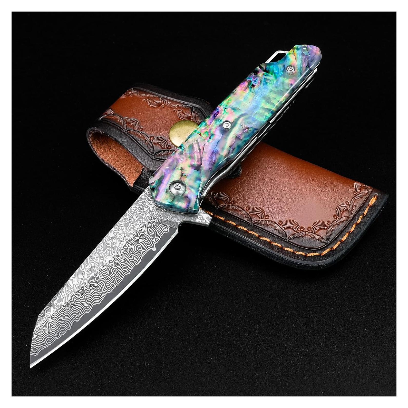 Cuchillo de Bolsillo Plegable KOMWERO Damasco 8 cm Mango Abulón