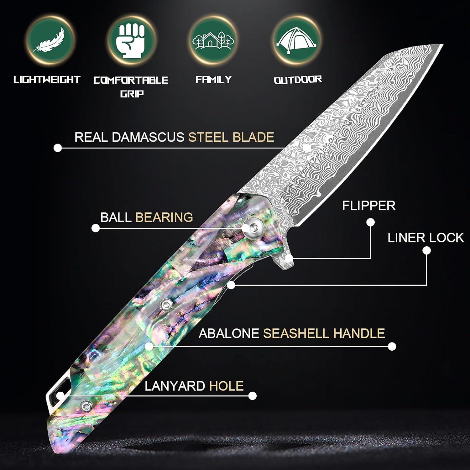 Cuchillo de Bolsillo Plegable KOMWERO Damasco 8 cm Mango Abulón