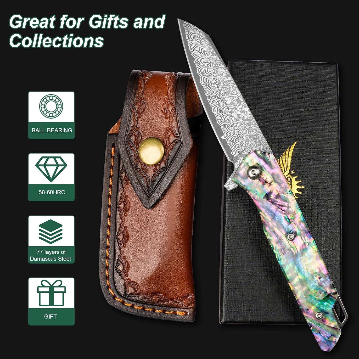 Cuchillo de Bolsillo Plegable KOMWERO Damasco 8 cm Mango Abulón