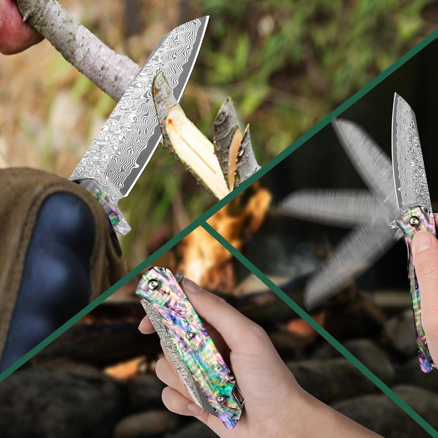 Cuchillo de Bolsillo Plegable KOMWERO Damasco 8 cm Mango Abulón