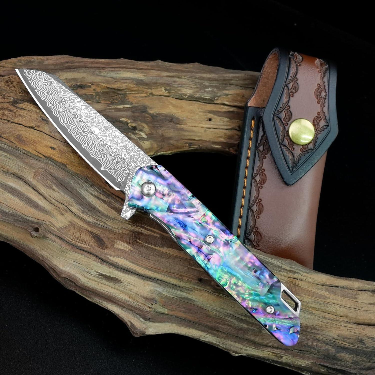 Cuchillo de Bolsillo Plegable KOMWERO Damasco 8 cm Mango Abulón