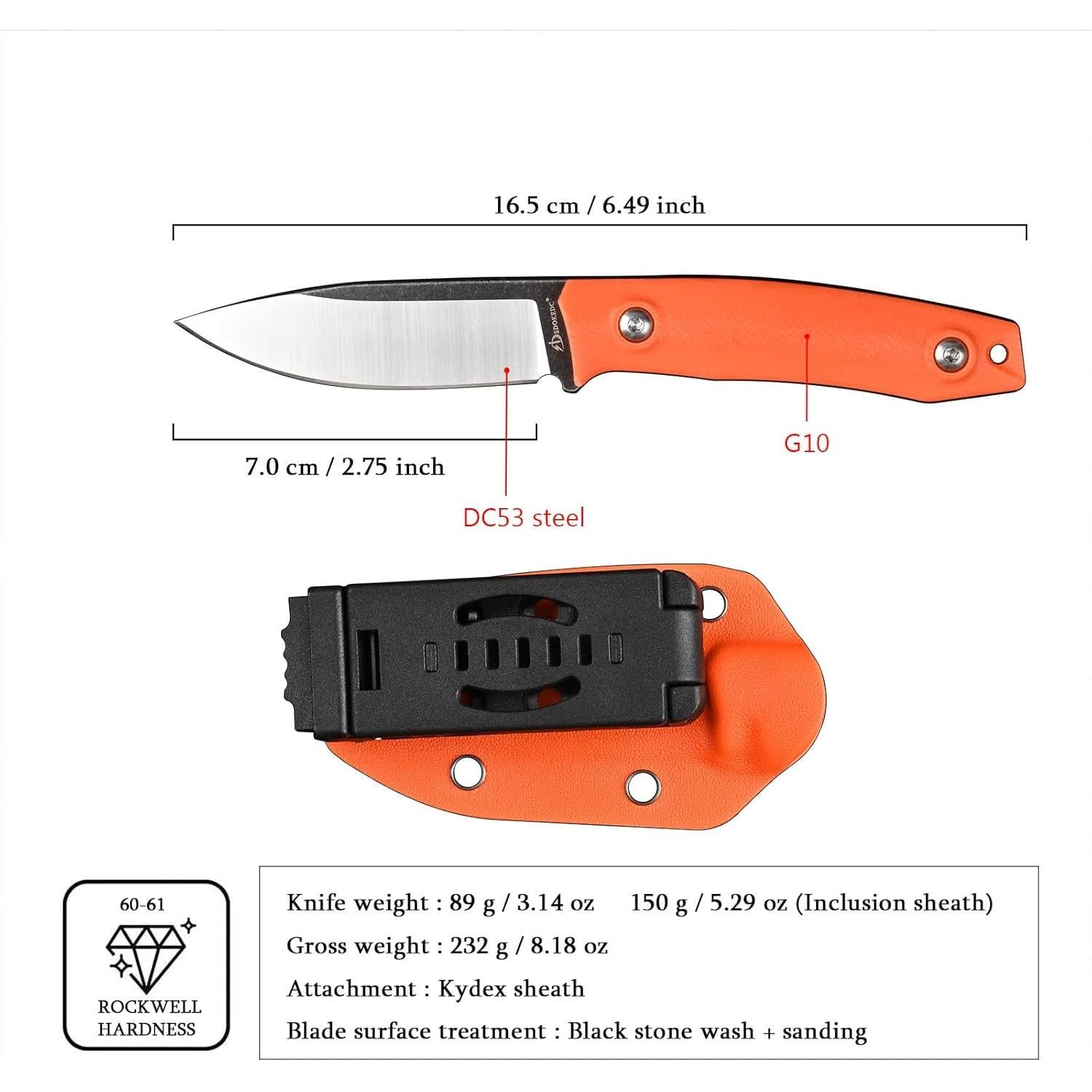 Cuchillo Fijo SDOKEDC 16.5 cm Acero DC53 con Funda Kydex