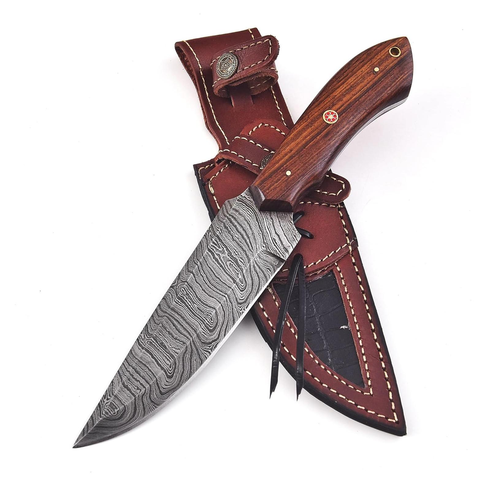 Handmade Damascus Steel Hunting Bowie Knife with Leather Sheath | 11'' Hand Forged Full Tang Fixed Blade Damascus Skinning Knives For Men and Women | EDC Razor Sharp Blade Bushcraft Camping Survival Knifes with Belt loop for Vertical and Horizontal Carry ,Rose Wood Handle 6063