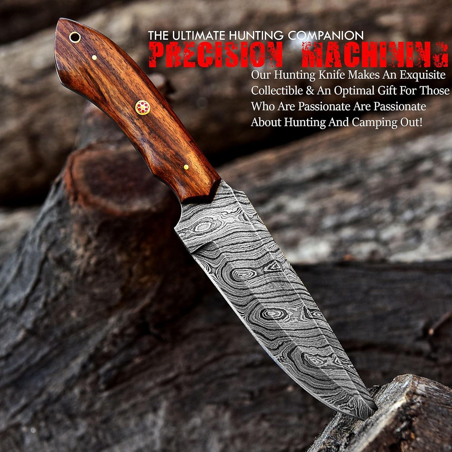 Handmade Damascus Steel Hunting Bowie Knife with Leather Sheath | 11'' Hand Forged Full Tang Fixed Blade Damascus Skinning Knives For Men and Women | EDC Razor Sharp Blade Bushcraft Camping Survival Knifes with Belt loop for Vertical and Horizontal Carry ,Rose Wood Handle 6063