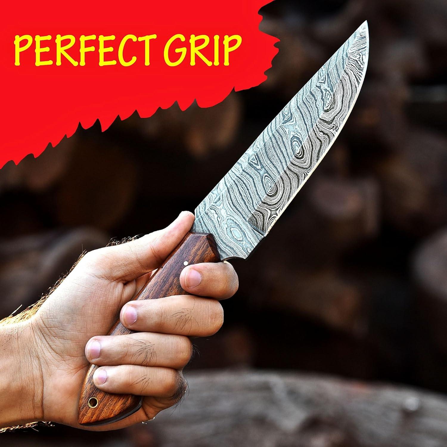 Handmade Damascus Steel Hunting Bowie Knife with Leather Sheath | 11'' Hand Forged Full Tang Fixed Blade Damascus Skinning Knives For Men and Women | EDC Razor Sharp Blade Bushcraft Camping Survival Knifes with Belt loop for Vertical and Horizontal Carry ,Rose Wood Handle 6063