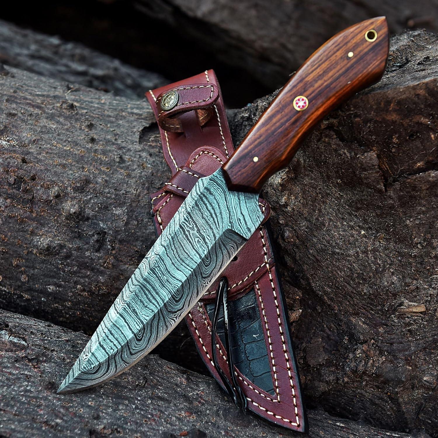 Handmade Damascus Steel Hunting Bowie Knife with Leather Sheath | 11'' Hand Forged Full Tang Fixed Blade Damascus Skinning Knives For Men and Women | EDC Razor Sharp Blade Bushcraft Camping Survival Knifes with Belt loop for Vertical and Horizontal Carry ,Rose Wood Handle 6063