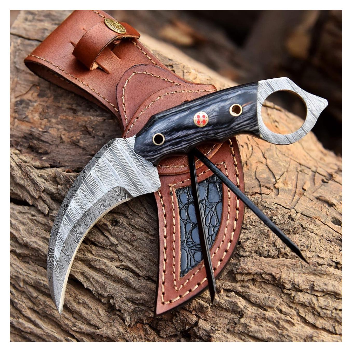 Cuchillo de Caza Lynxxe Damasco 19.05 cm con Funda de Cuero