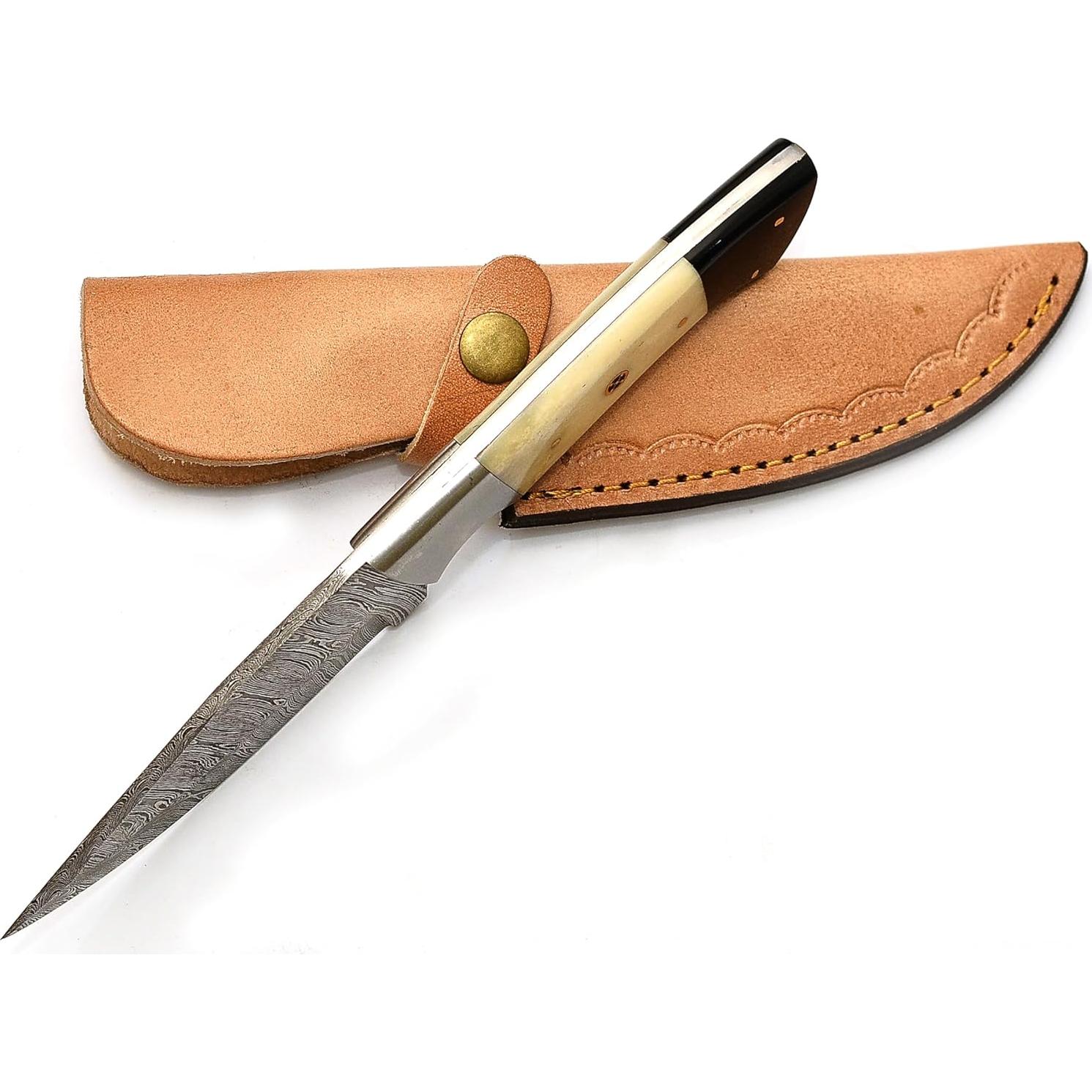 Cuchillo de Caza POLO CRAFT Damasco 23 cm con Funda de Cuero