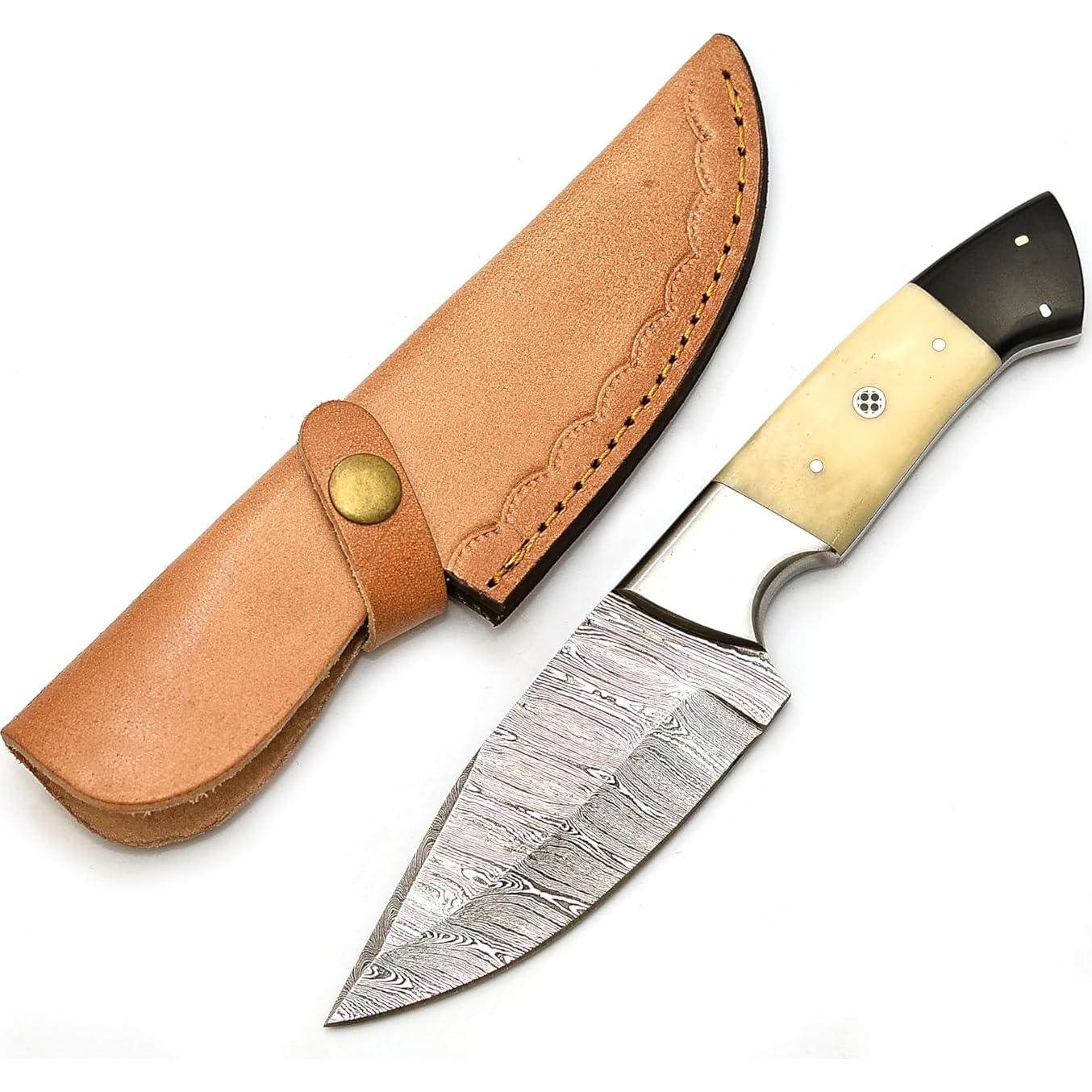 Cuchillo de Caza POLO CRAFT Damasco 23 cm con Funda de Cuero