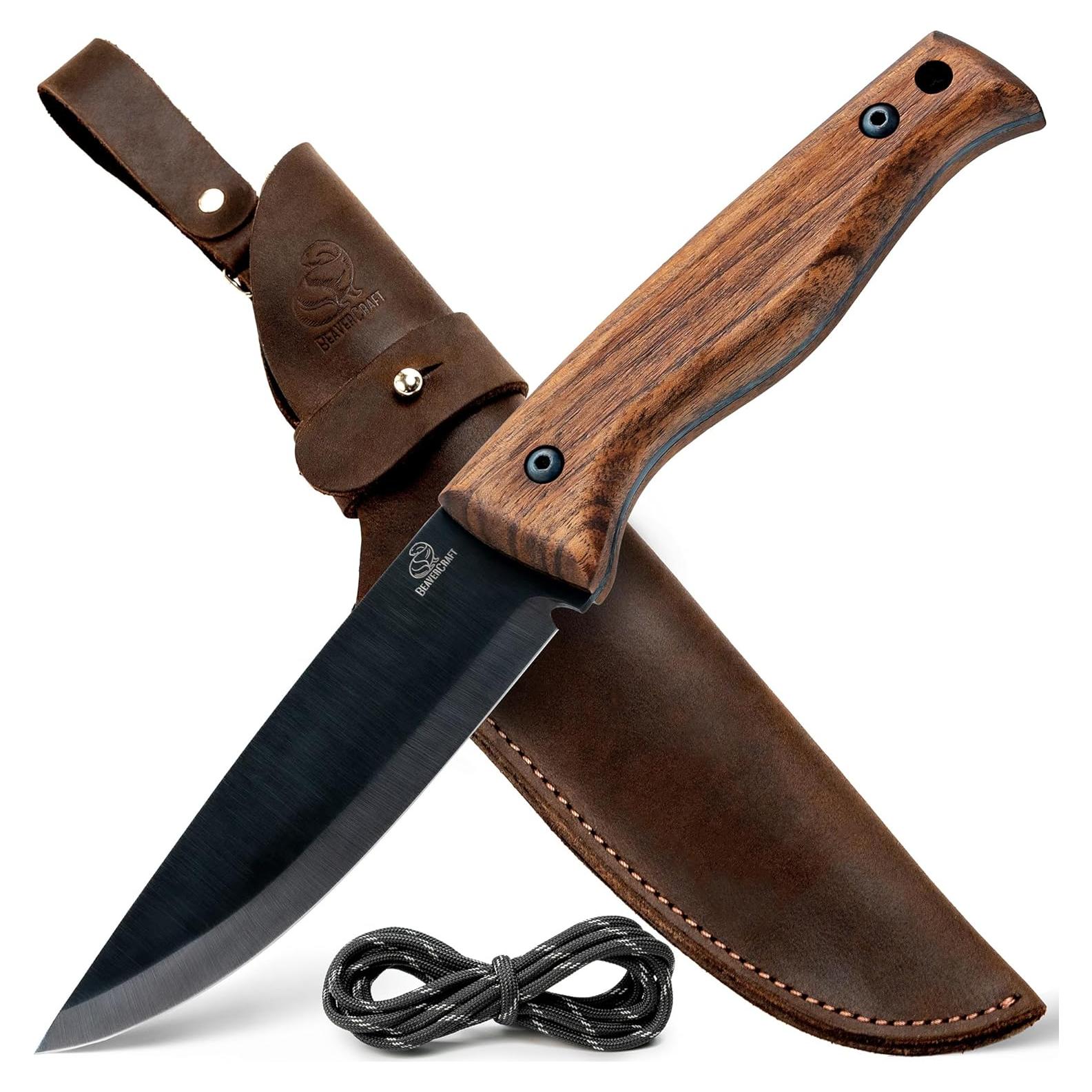 Bushcraft Knife Full Tang with Leather Sheath – Bush Knife Carbon Steel for Camping – Survival Outdoor Knives Fixed Blade BSH3 Nightfall - Bushcraft Gear Tools
