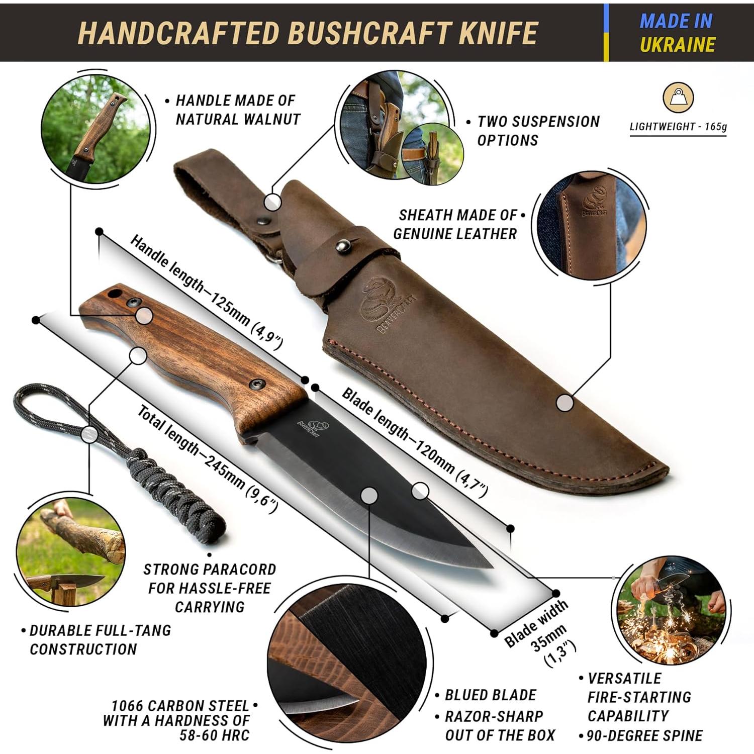 Bushcraft Knife Full Tang with Leather Sheath – Bush Knife Carbon Steel for Camping – Survival Outdoor Knives Fixed Blade BSH3 Nightfall - Bushcraft Gear Tools