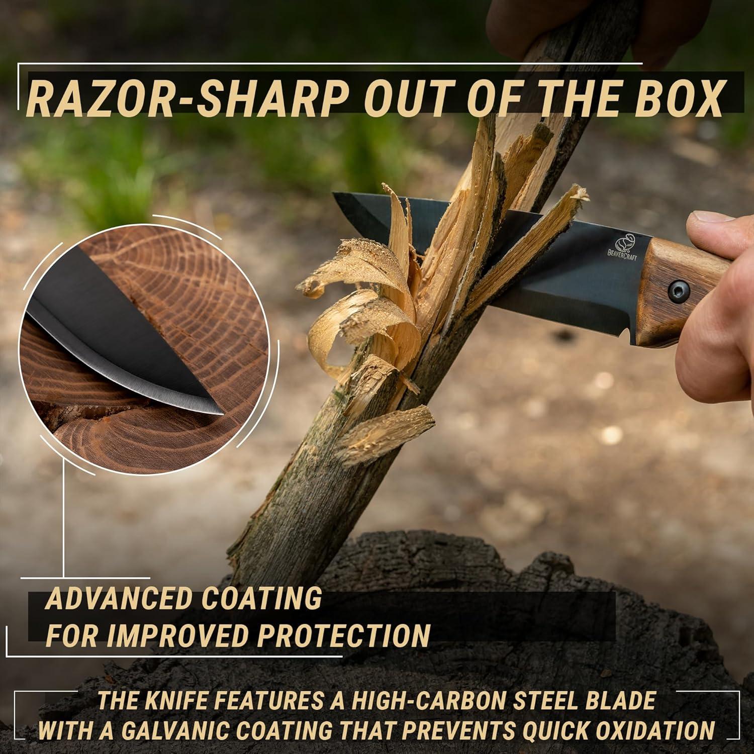 Bushcraft Knife Full Tang with Leather Sheath – Bush Knife Carbon Steel for Camping – Survival Outdoor Knives Fixed Blade BSH3 Nightfall - Bushcraft Gear Tools