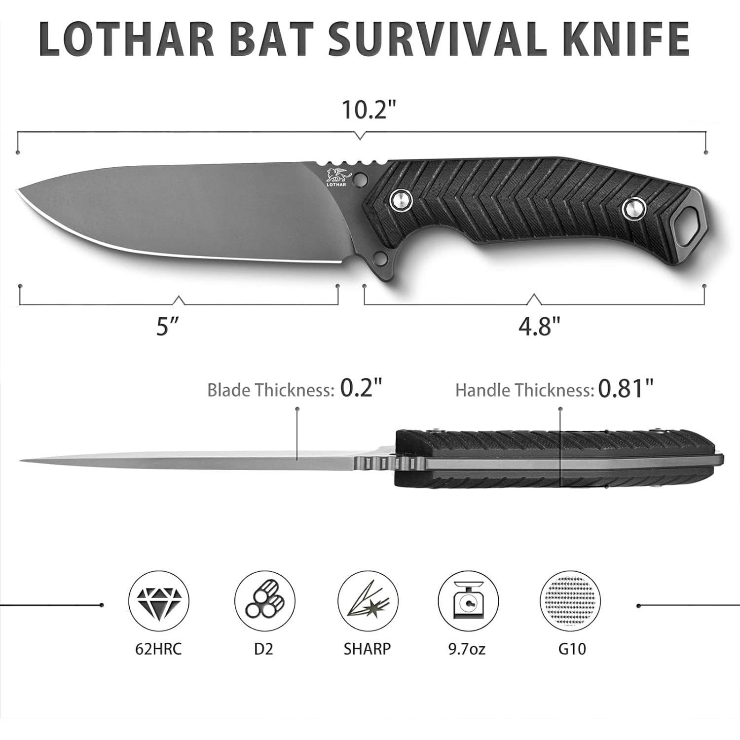 Cuchillo de Supervivencia LOTHAR BAT con Funda Kydex y Encendedor