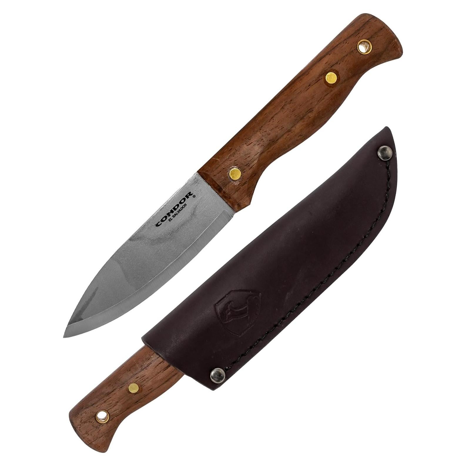Condor Bushlore Knife - Bushcraft Knife - 1075 High Carbon Steel - Walnut Handle - Scandi Grind - Small Fixed Blade Knives - Hand Crafted Leather Sheath - 3mm Thick - 4.3in Blade - 6.1 oz