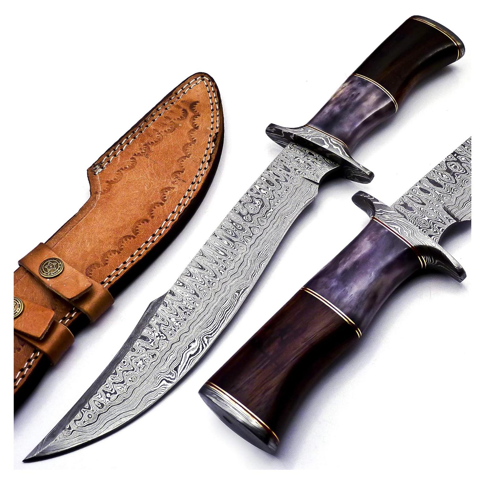BK-42 Handmade Damascus Steel Fixed Blade Bowie Knife with Leather Sheath, Full Tang Multipurpose Knife with Solid Marindi Wood and Bull Horn Bone Handle for Outdoor Use, 15", B/White
