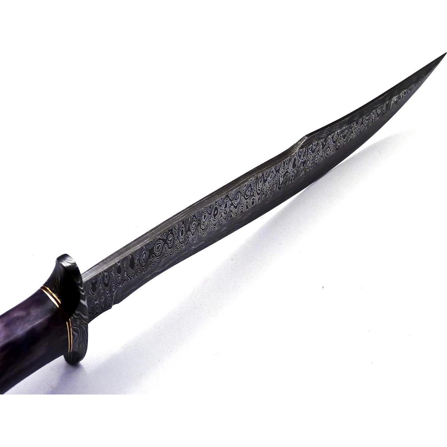 BK-42 Handmade Damascus Steel Fixed Blade Bowie Knife with Leather Sheath, Full Tang Multipurpose Knife with Solid Marindi Wood and Bull Horn Bone Handle for Outdoor Use, 15", B/White