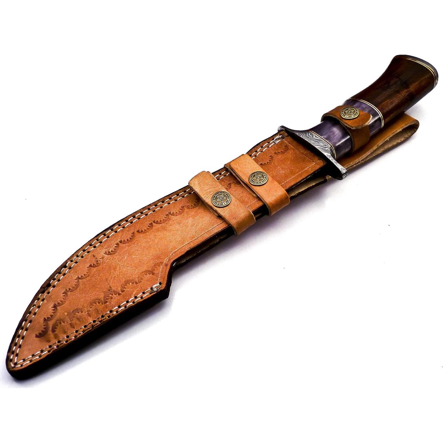 BK-42 Handmade Damascus Steel Fixed Blade Bowie Knife with Leather Sheath, Full Tang Multipurpose Knife with Solid Marindi Wood and Bull Horn Bone Handle for Outdoor Use, 15", B/White