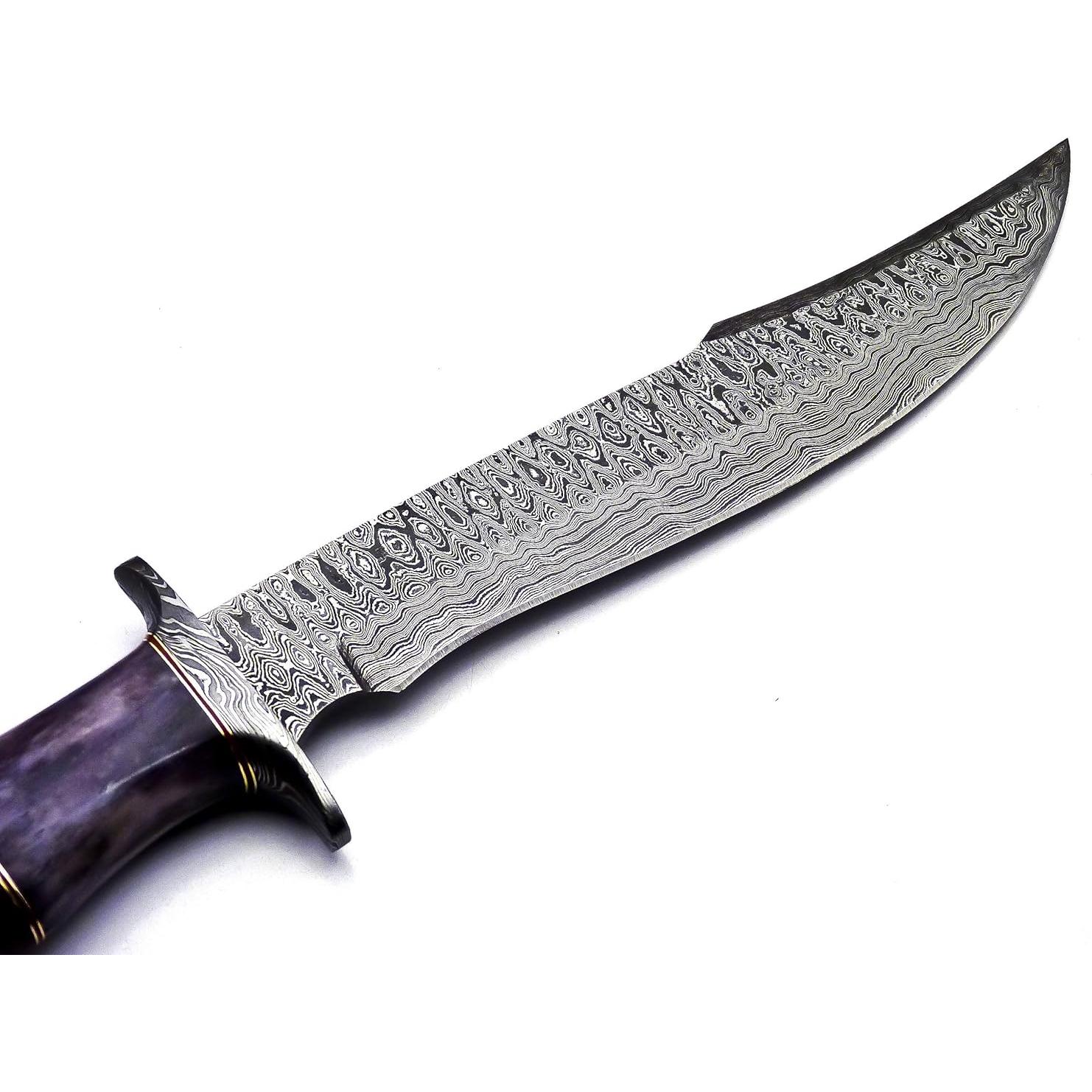 BK-42 Handmade Damascus Steel Fixed Blade Bowie Knife with Leather Sheath, Full Tang Multipurpose Knife with Solid Marindi Wood and Bull Horn Bone Handle for Outdoor Use, 15", B/White