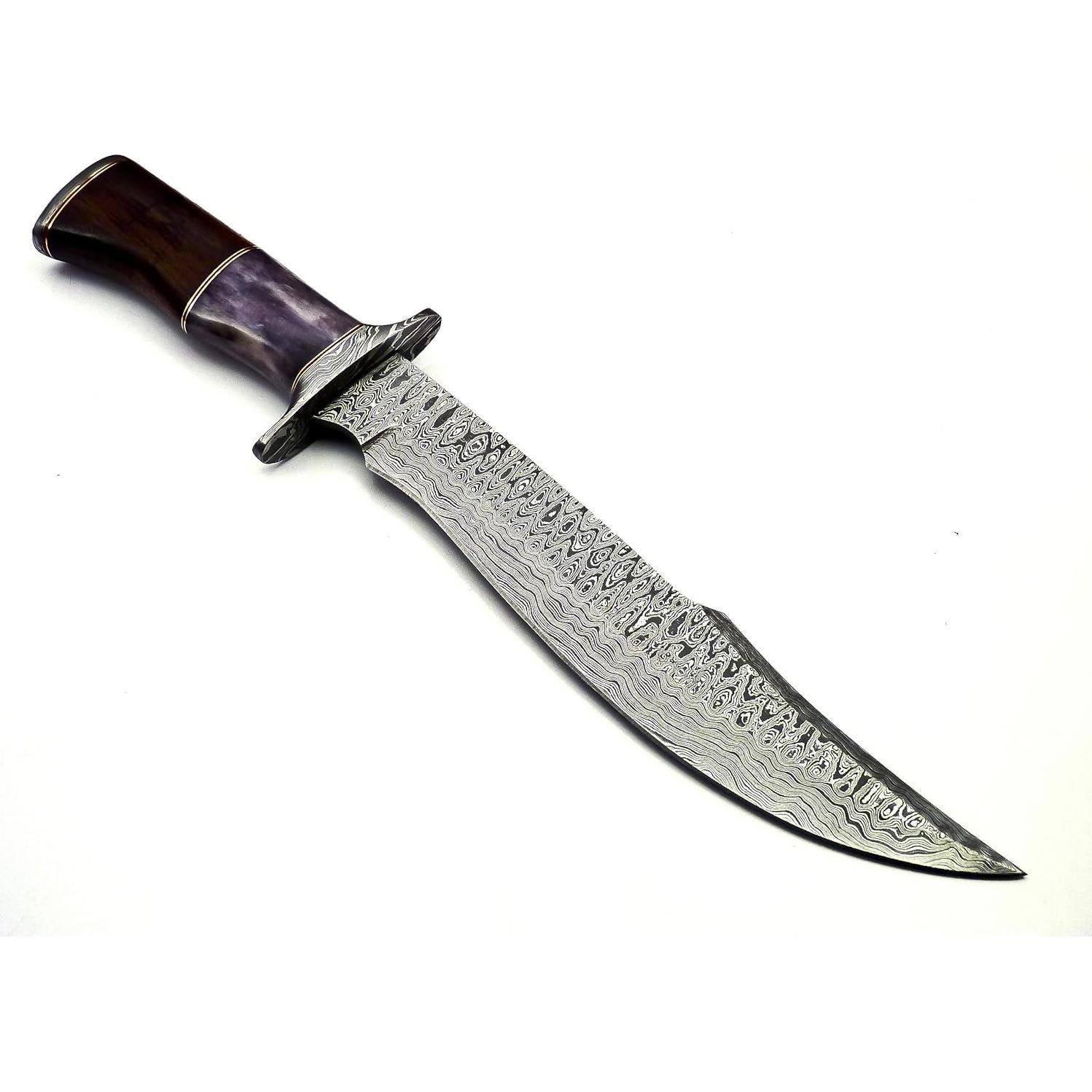 BK-42 Handmade Damascus Steel Fixed Blade Bowie Knife with Leather Sheath, Full Tang Multipurpose Knife with Solid Marindi Wood and Bull Horn Bone Handle for Outdoor Use, 15", B/White