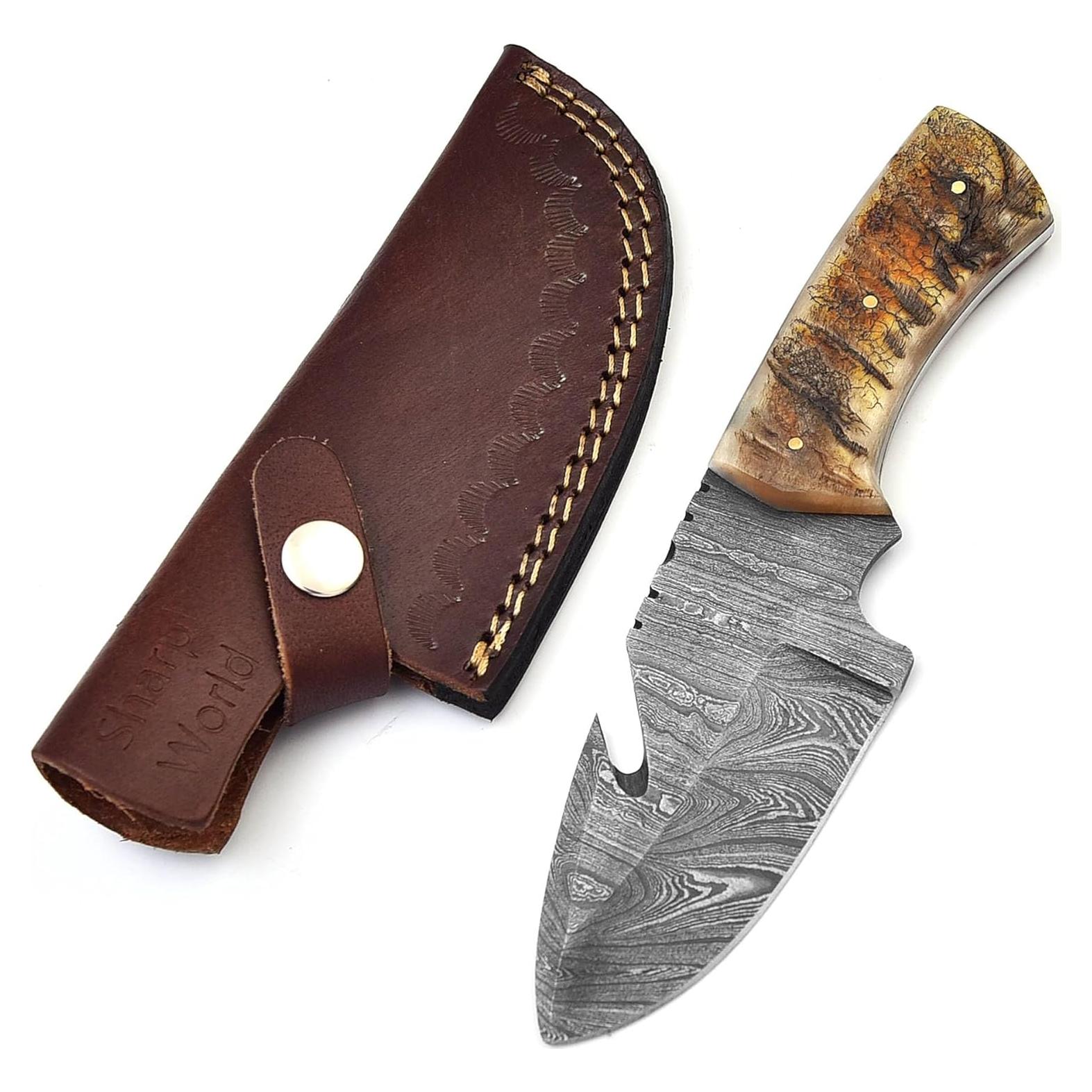 Cuchillo de Caza Damasco SharpWorld TJ111 con Gancho de Tripa