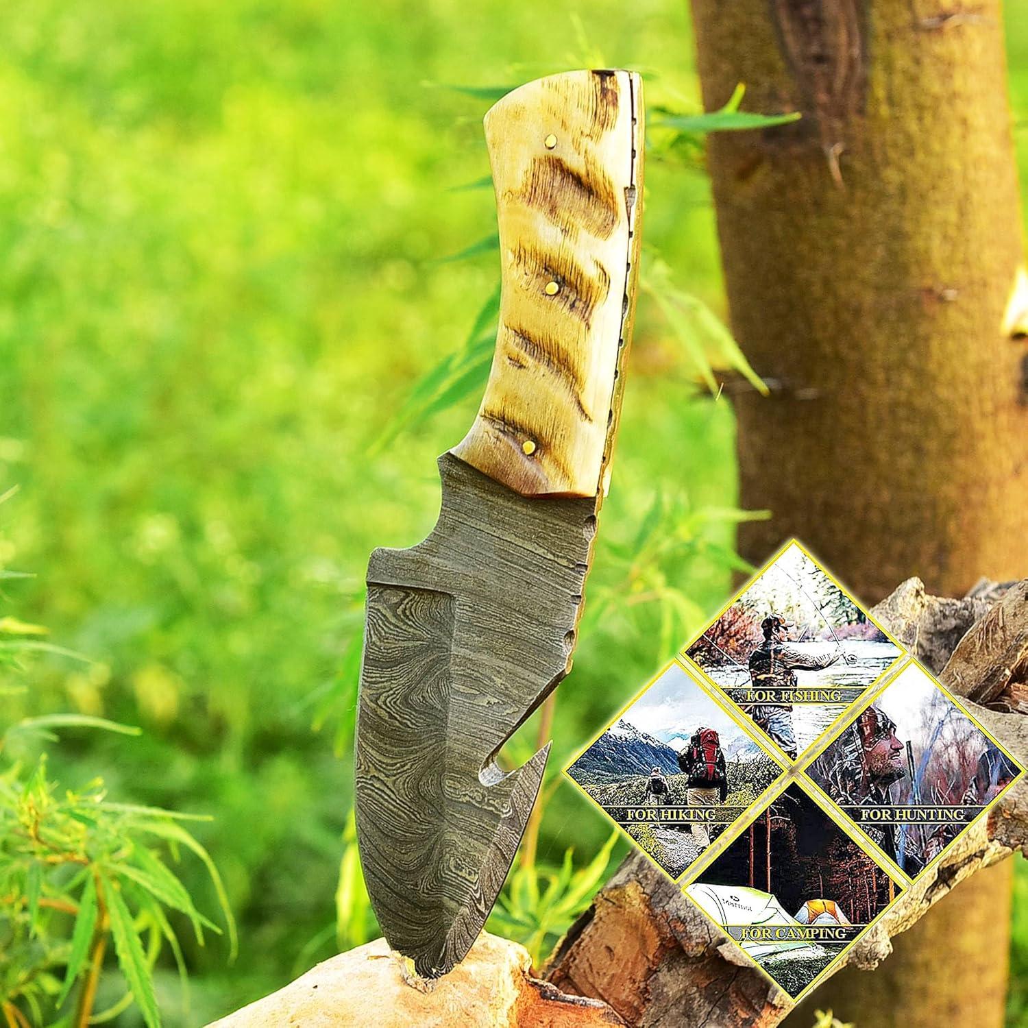 Cuchillo de Caza Damasco SharpWorld TJ111 con Gancho de Tripa